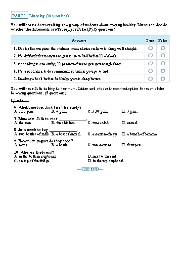 Đề luyện nghe học kì 2  Tiếng Anh Lớp 7 Global Success - Đề 1 (Có file nghe và đáp án)
