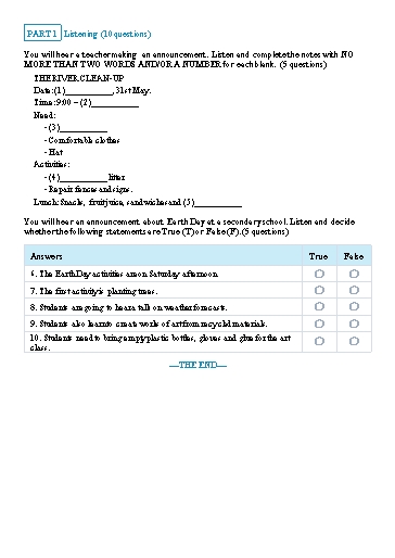 Đề luyện nghe học kì 2 Tiếng Anh Lớp 7 Global Success - Đề 17 (Có file nghe và đáp án)