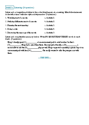 Đề luyện nghe học kì 2 Tiếng Anh Lớp 7 Global Success - Đề 3 (Có file nghe và đáp án)