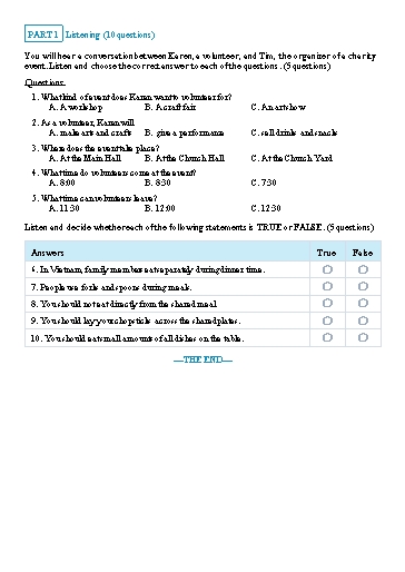 Đề luyện nghe học kì 2 Tiếng Anh Lớp 7 Global Success - Đề 6 (Có file nghe và đáp án)