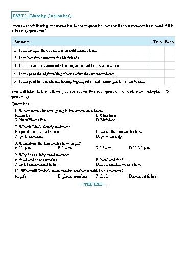 Đề luyện nghe học kì 2 Tiếng Anh Lớp 7 Global Success - Đề 9 (Có file nghe và đáp án)