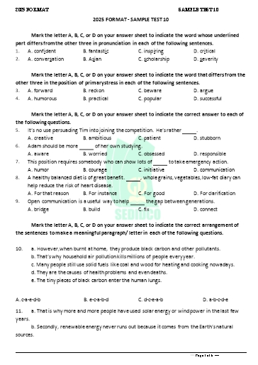 Đề minh họa tốt nghiệp THPT môn Tiếng Anh format 2025 - Đề 10 (Có đáp án)