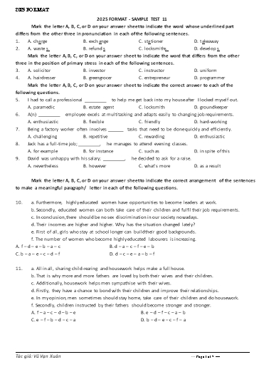Đề minh họa tốt nghiệp THPT môn Tiếng Anh format 2025 - Đề 11 (Có đáp án)