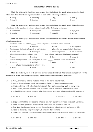 Đề minh họa tốt nghiệp THPT môn Tiếng Anh format 2025 - Đề 12 (Có đáp án)