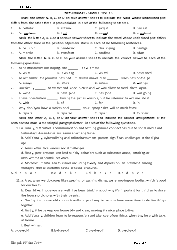 Đề minh họa tốt nghiệp THPT môn Tiếng Anh format 2025 - Đề 13 (Có đáp án)