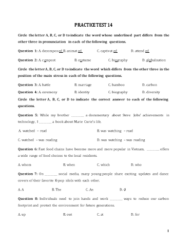 Đề minh họa tốt nghiệp THPT môn Tiếng Anh format 2025 - Đề 14 (Có đáp án)