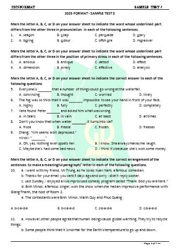 Đề minh họa tốt nghiệp THPT môn Tiếng Anh format 2025 - Đề 3 (Có đáp án)