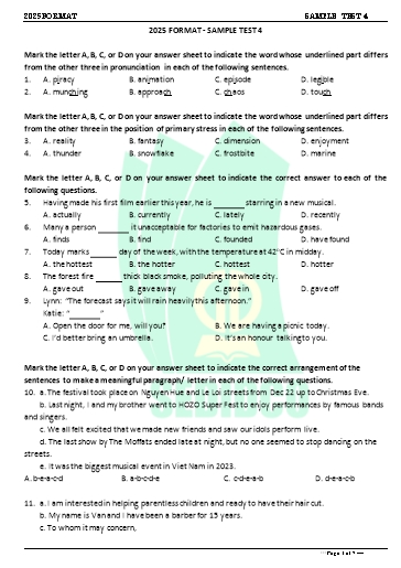 Đề minh họa tốt nghiệp THPT môn Tiếng Anh format 2025 - Đề 4 (Có đáp án)