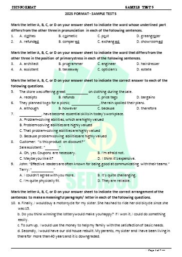 Đề minh họa tốt nghiệp THPT môn Tiếng Anh format 2025 - Đề 5 (Có đáp án)