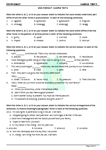 Đề minh họa tốt nghiệp THPT môn Tiếng Anh format 2025 - Đề 6 (Có đáp án)