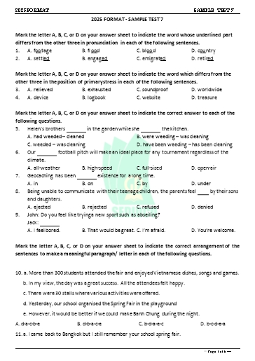 Đề minh họa tốt nghiệp THPT môn Tiếng Anh format 2025 - Đề 7 (Có đáp án)