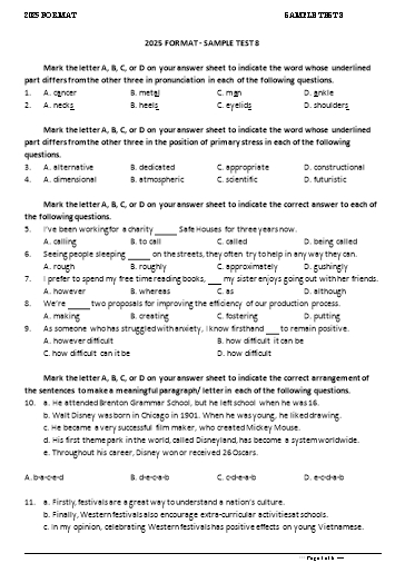 Đề minh họa tốt nghiệp THPT môn Tiếng Anh format 2025 - Đề 8 (Có đáp án)