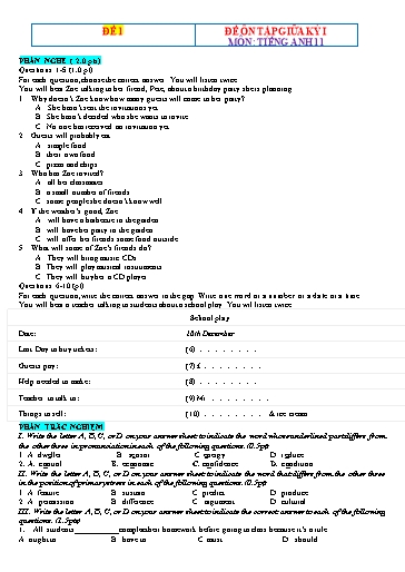 Đề ôn tập giữa học kì 1 Tiếng Anh Lớp 11 Global Success - Đề 1 (Có file nghe)