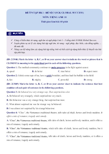 Đề ôn tập học kì 1 Tiếng Anh Lớp 10 Global Success - Đề 3 (Có đáp án)