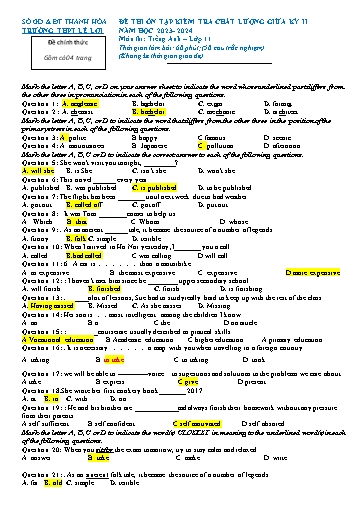 Đề ôn tập kiểm tra chất lượng giữa kì 2 Tiếng Anh Lớp 11 Global Success - Năm học 2023-2024 - Trường THPT Lê Lợi (Có đáp án)