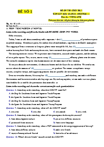 Đề ôn thi cuối học kì 1 Tiếng Anh Lớp 11 Global Success - Đề số 1 (Có file nghe)