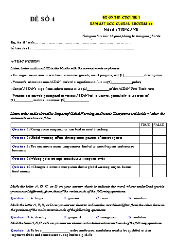 Đề ôn thi cuối học kì 1 Tiếng Anh Lớp 11 Global Success - Đề số 4 (Có file nghe)