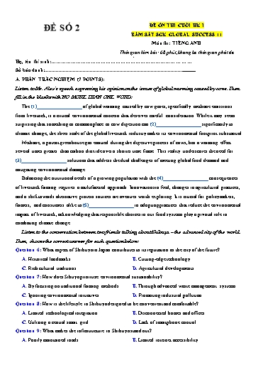 Đề ôn thi cuối học kì 1 Tiếng Anh Lớp 11 Global Success - Đề số 2 (Có file nghe)