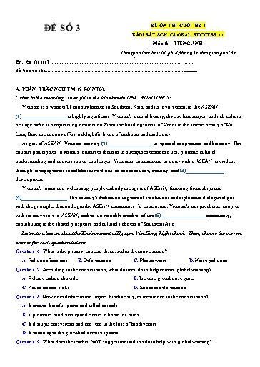 Đề ôn thi cuối học kì 1 Tiếng Anh Lớp 11 Global Success - Đề số 3 (Có file nghe)