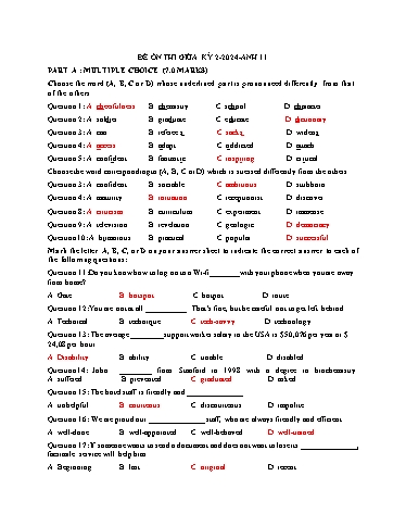 Đề ôn thi giữa học kì 2 Tiếng Anh Lớp 11 Global Success - Năm học 2023-2024 (Có đáp án)