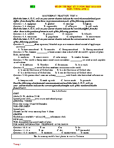 Đề ôn thi học kì 2 Tiếng Anh Lớp 11 Global Success - Đề 4 - Năm học 2023-2024 (Có đáp án)