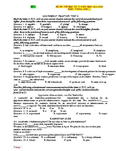 Đề ôn thi học kì 2 Tiếng Anh Lớp 11 Global Success - Đề 5 - Năm học 2023-2024 (Có đáp án)