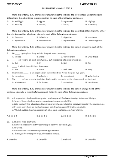 Đề tham khảo Tiếng Anh Lớp 11 Global Success theo form 2025 - Đề 9 (Có đáp án)