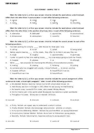 Đề tham khảo Tiếng Anh Lớp 11 Global Success theo form 2025 - Đề 8 (Có đáp án)