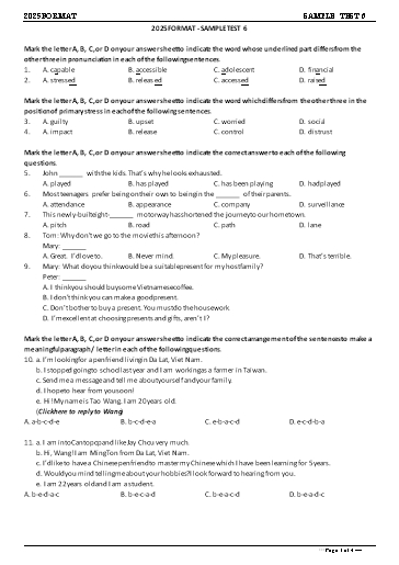 Đề tham khảo Tiếng Anh Lớp 11 Global Success theo form 2025 - Đề 6 (Có đáp án)