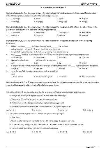 Đề tham khảo Tiếng Anh Lớp 11 Global Success theo form 2025 - Đề 7 (Có đáp án)