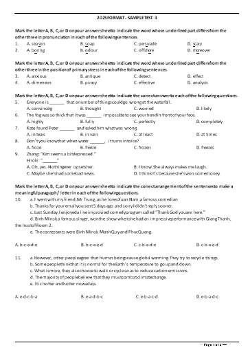 Đề tham khảo Tiếng Anh Lớp 11 Global Success theo form 2025 - Đề 3 (Có đáp án)