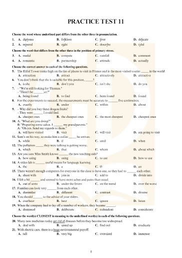 Đề tham khảo tốt nghiệp THPT môn Tiếng Anh - Đề 11 (Có đáp án)