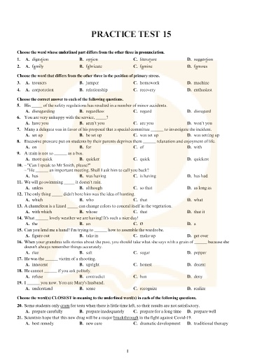 Đề tham khảo tốt nghiệp THPT môn Tiếng Anh - Đề 15 (Có đáp án)