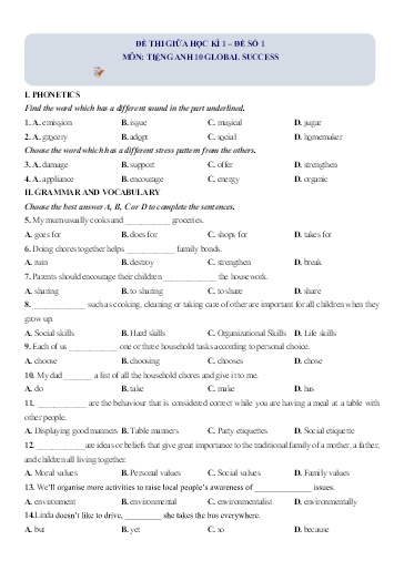 Đề thi giữa học kì 1 Tiếng Anh Lớp 10 Global Success - Đề số 1 (Có đáp án)
