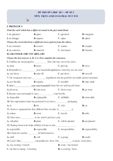 Đề thi giữa học kì 1 Tiếng Anh Lớp 10 Global Success - Đề số 2 (Có đáp án)
