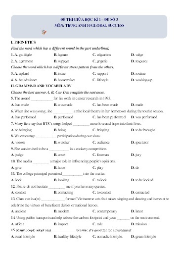 Đề thi giữa học kì 1 Tiếng Anh Lớp 10 Global Success - Đề số 3 (Có đáp án)