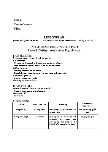 Kế hoạch bài dạy minh họa Tiếng Anh Lớp 9 Global Success theo CV5512 - Unit 4: Remembering the past