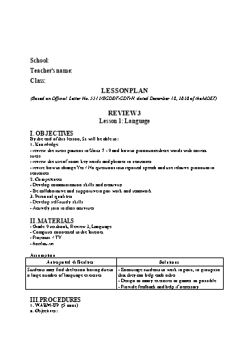 Kế hoạch bài dạy minh họa Tiếng Anh Lớp 9 Global Success theo CV5512 - Review 3