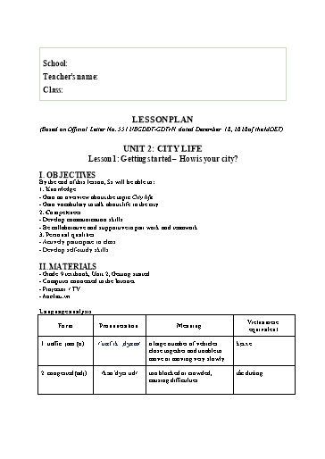 Kế hoạch bài dạy minh họa Tiếng Anh Lớp 9 Global Success theo CV5512 - Unit 2: City life