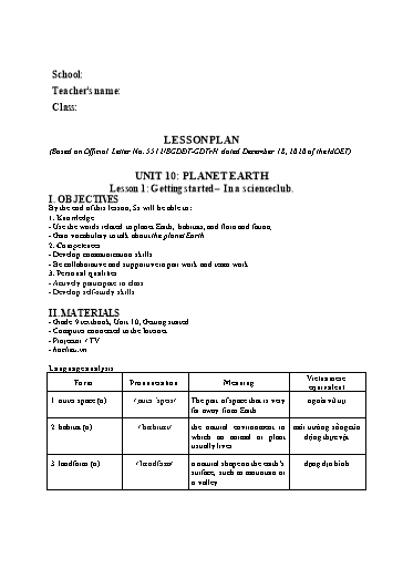Kế hoạch bài dạy minh họa Tiếng Anh Lớp 9 Global Success theo CV5512 - Unit 10: Planet earth