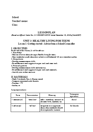 Kế hoạch bài dạy minh họa Tiếng Anh Lớp 9 Global Success theo CV5512 - Unit 3: Healthy living for teens
