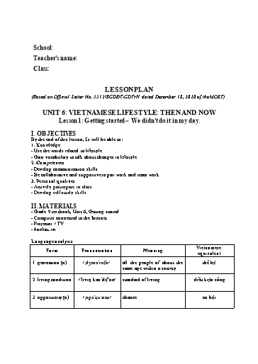 Kế hoạch bài dạy minh họa Tiếng Anh Lớp 9 Global Success theo CV5512 - Unit 6: Vietnamese lifestyle. Then and now