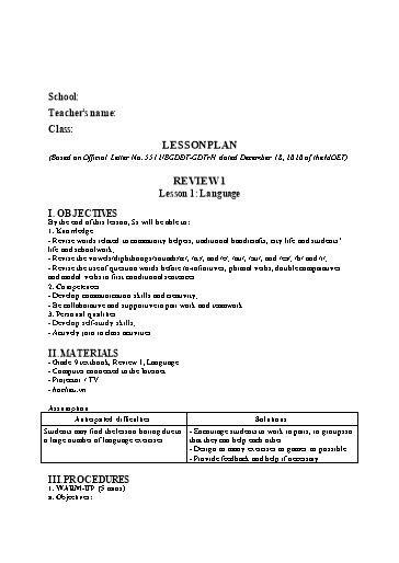 Kế hoạch bài dạy minh họa Tiếng Anh Lớp 9 Global Success theo CV5512 - Review 1