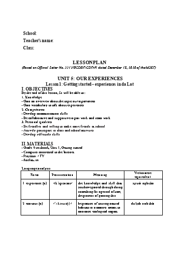 Kế hoạch bài dạy minh họa Tiếng Anh Lớp 9 Global Success theo CV5512 - Unit 5: Our experiences
