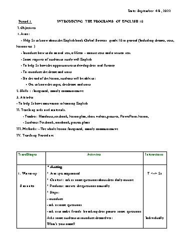 Kế hoạch bài dạy Tiếng Anh Lớp 10 Global Success - Chương trình học kì 1