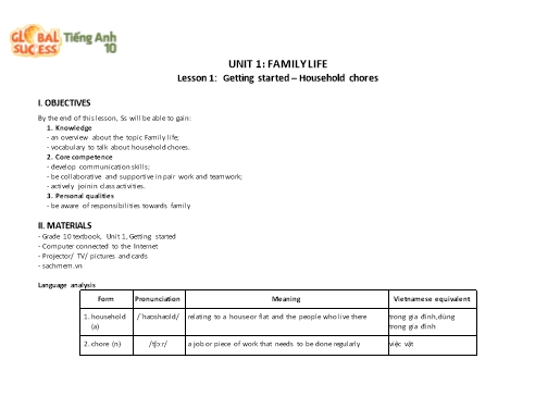 Kế hoạch bài dạy Tiếng Anh Lớp 10 Global Success theo CV5512 - Unit 1: Family life
