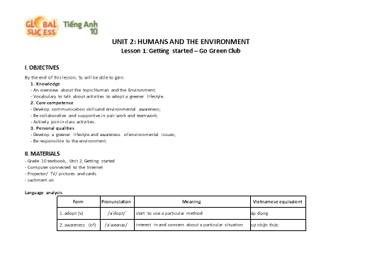 Kế hoạch bài dạy Tiếng Anh Lớp 10 Global Success theo CV5512 - Unit 2: Humans and the environment