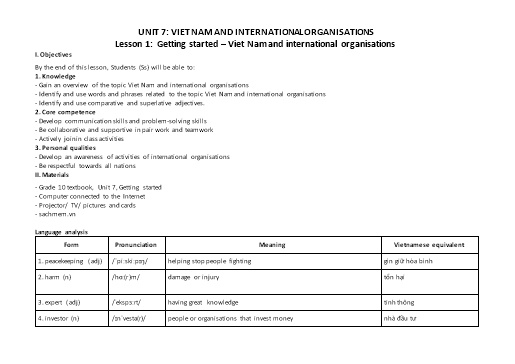 Kế hoạch bài dạy Tiếng Anh Lớp 10 Global Success theo CV5512 - Unit 7: Viet Nam and international organisations