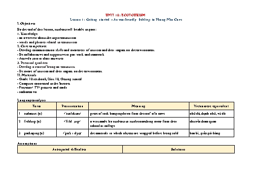 Kế hoạch bài dạy Tiếng Anh Lớp 10 Global Success theo CV5512 - Unit 10: Ecotourism