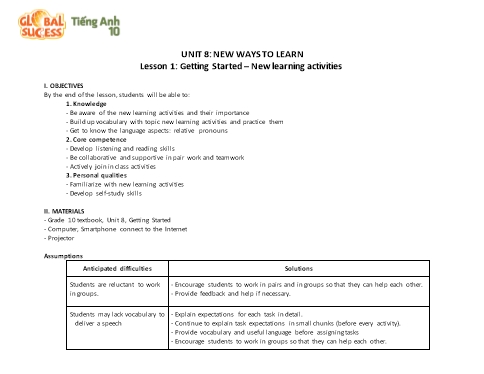 Kế hoạch bài dạy Tiếng Anh Lớp 10 Global Success theo CV5512 - Unit 8: New ways to learn